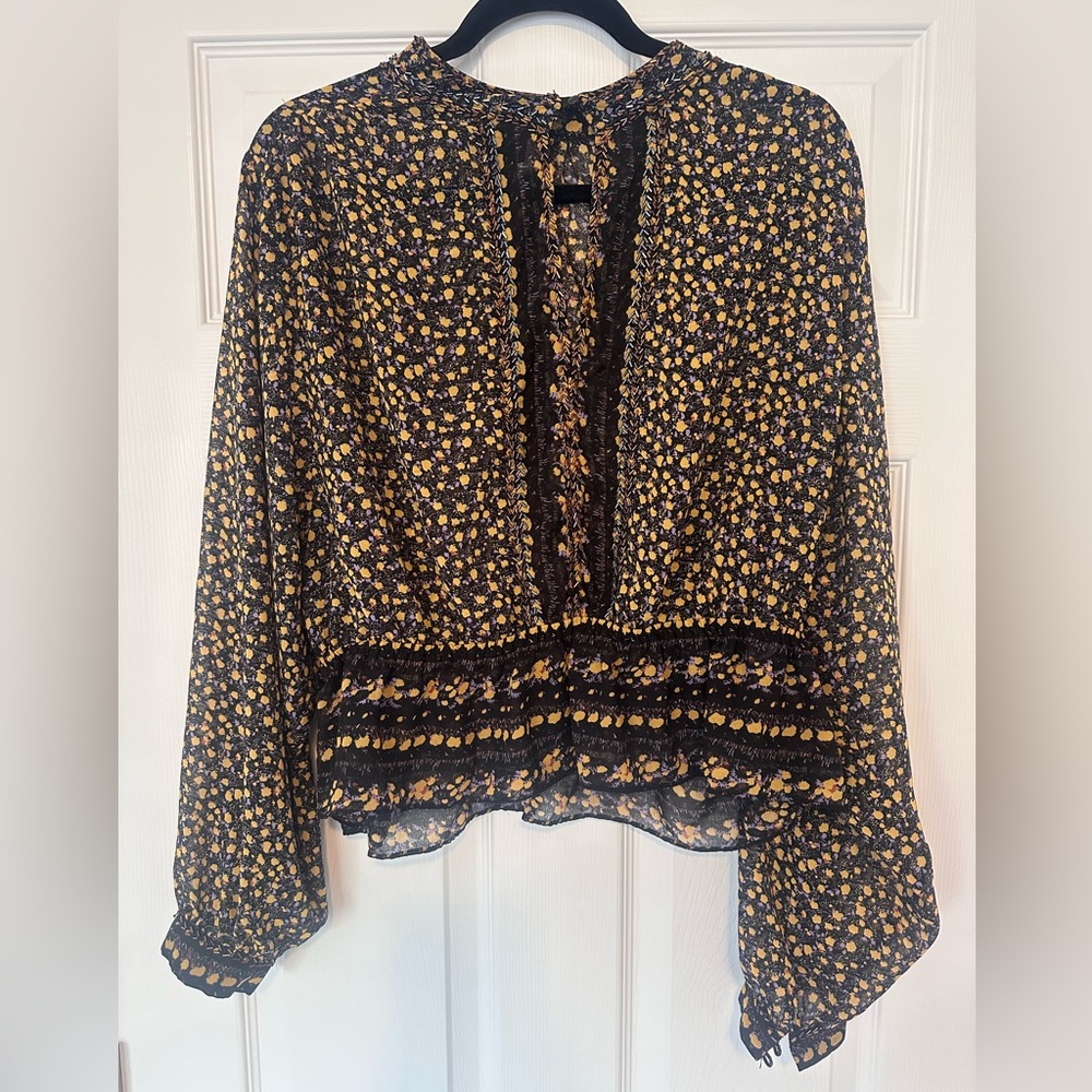 Free People Black Blouse with Yellow Floral Pattern